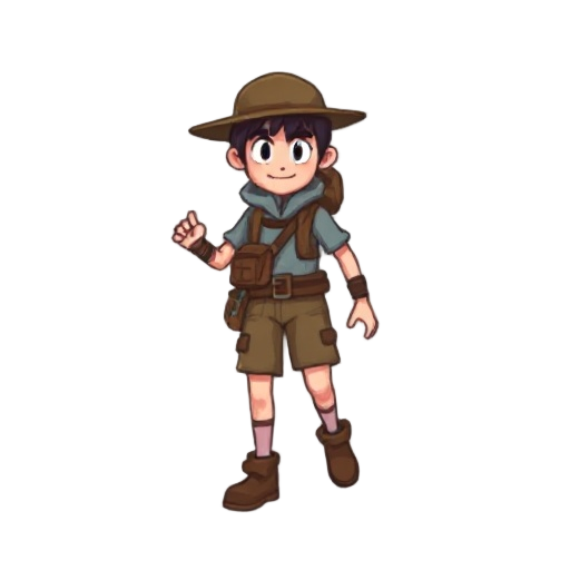 a pixel art spritesheet of an adventure-seeker. idle, walking and jumping animations required. may not be a human