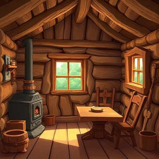 a wooden cabin interior in medieval style  lit by daylight used as a backgound. furnace, table, chairs and window visible.