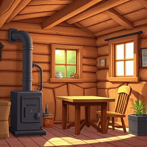 a wooden cabin interior  lit by daylight used as a backgound. furnace, table, chairs and window visible