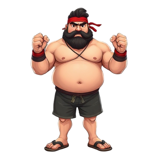 fat fighter man with red headband, mohwak hair cut, full beard, shirtless, brow shorts, flip-flops posing with a fight instance.
