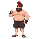 fat fighter man with red headband, mohawk haircut, full beard, shirtless, brow shorts, flip-flops posing with a fight instance.