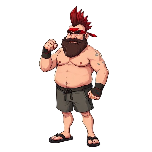 fat fighter man with red headband, mohawk haircut, full beard, shirtless, brow shorts, flip-flops posing with a fight instance.