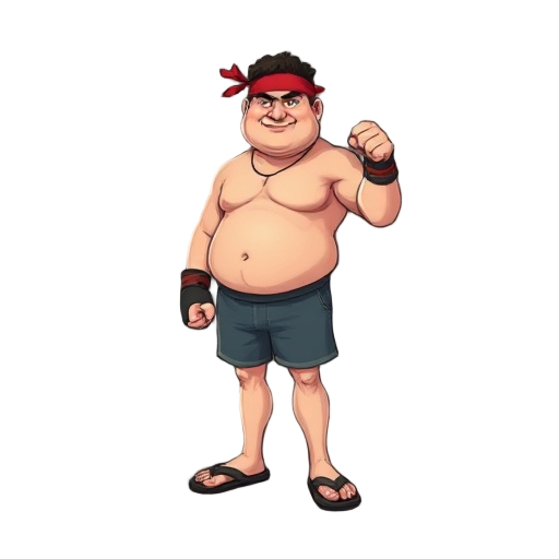 fat fighter man with red headband, shirtless, brow shorts, flip-flops posing with a fight instance.