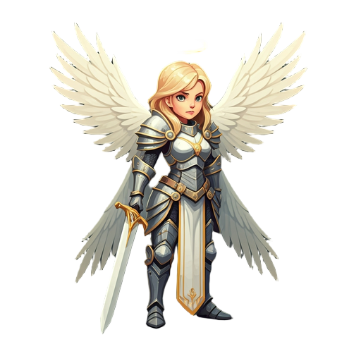 create an image of a female paladin, who is wearing white armour  has 2 wings in her back, a golden halo above her head and is wealding a white and golden greatsword