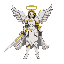 create an image of a female paladin, who is wearing white armour  has 2 wings in her back, a golden halo above her head and is wealding a white and golden greatsword