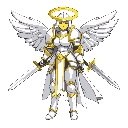 create an image of a female paladin, who is wearing white armour  has 2 wings in her back, a golden halo above her head and is wealding a white and golden greatsword