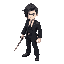white man with black hair, wears a black suit and holds a katana in one hand