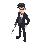 white man, black hair wearing a suit and dress shoes and holding a katana, full body