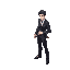 white man, black hair wearing a suit and dress shoes and holding a katana, full body