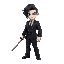 white man with black hair, wears a black suit and holds a katana in one hand