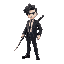 white man, black hair wearing a suit and dress shoes and holding a katana, full body