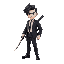 white man, black hair wearing a suit and dress shoes and holding a katana, full body