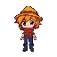 coco is a chibi pixel girl with messy orange-red hair, a yellow safari hat, red scarf, red top, blue pants, and purple boots. her idle pose bounces gently with scarf and hair movement.