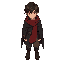 top-down male teenager, soft features but tired eyes. dark brown short messy hair, faded red scarf wrapped around his neck, worn dark gray cloak with a broken edge leather boots
