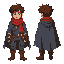 top-dow, soft features but tired eyes. dark brown short messy hair, faded red scarf wrapped around his neck, worn dark gray cloak with a broken edge. leather boots 