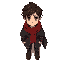top-down male teenager, soft features but tired eyes. dark brown short messy hair, faded red scarf wrapped around his neck, worn dark gray cloak with a broken edge leather boots
