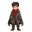 top-dow, soft features but tired eyes. dark brown short messy hair, faded red scarf wrapped around his neck, worn dark gray cloak with a broken edge. leather boots 