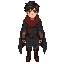  male teenager, soft features but tired eyes. dark brown short messy hair, faded red scarf wrapped around his neck, worn dark gray cloak with a broken edge leather boots