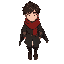  male teenager, soft features but tired eyes. dark brown short messy hair, faded red scarf wrapped around his neck, worn dark gray cloak with a broken edge leather boots