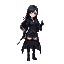 an anime female assassin character with black hair and black clothes