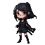 an anime female assassin character with black hair and black clothes