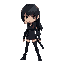 an anime female assassin character with black hair and black clothes