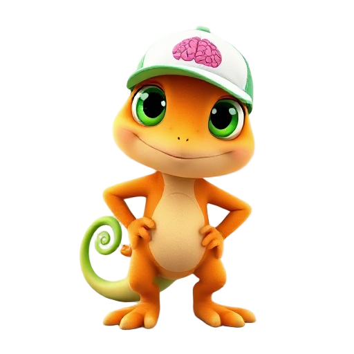 a cute anthropomorphic lizard cartoon character in a soft 3d plush style, standing confidently with one hand on hip. the lizard has vivid mango-orange skin, a spiral green tail tip, and large expressive green eyes with a soft smile. it wears a white and g