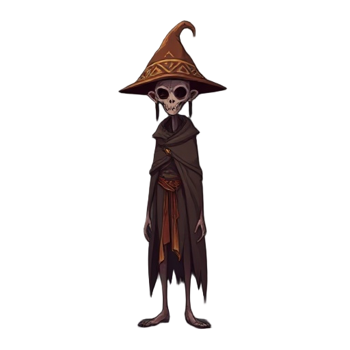 a 2d digital minimalist sprite of a tall, skinny and slightly hunched spirit character. he wears a traditional northeastern brazilian cangaceiro hat adorned with patterns, a tattered cloak that flows
