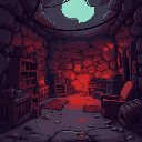 a background for a game that looks almost like a hideout in some corner of hell. there should be some related objects in the background like crates, old furniture etc. make the resolution 1920x1080.