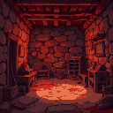 a background for a game that looks almost like a hideout in some corner of hell. there should be some related objects in the background like crates, old furniture etc. it should have enough space for 3-4 people to stand idly in.