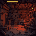 a background for a game that looks almost like a hideout in some corner of hell. there should be some related objects in the background like crates, old furniture etc.