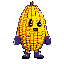 uma semente de milho, com luvas e botas, estilo 32 bits, rosto expressivo.
