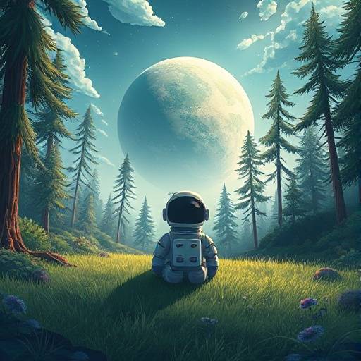 an astronaut sitting on the grass in a forest surrounding an alien planet.