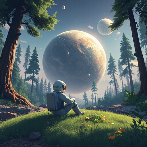 an astronaut sitting on the grass in a forest surrounding an alien planet.
