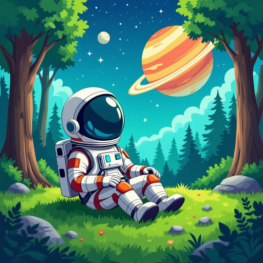 an astronaut sitting on the grass in a forest surrounding an alien planet.