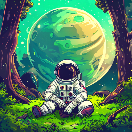 an astronaut sitting on the grass in a forest surrounding an alien planet.