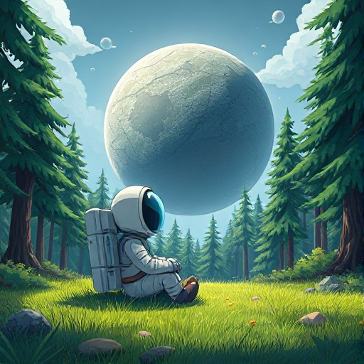 an astronaut sitting on the grass in a forest surrounding an alien planet.