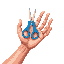  a human left hand holding a pair of small blue-handled scissors. the hand is oriented palm-up with fingers spread, and the scissors are held between the index finger and thumb, with the blades partially open and pointing upwards. focus on realism in hand