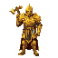 a huge knight in golden sacred armor. behind his back is a weapon - a hammer. on his belt hang sacred things (a cross, a bottle of holy water)