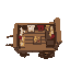 cart (medieval), inside there are clothes hanging on nails, food standing on a small table.