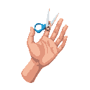  a human left hand holding a pair of small blue-handled scissors. the hand is oriented palm-up with fingers spread, and the scissors are held between the index finger and thumb, with the blades partially open and pointing upwards. focus on realism in hand