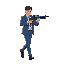 a male wearing a blue suit hold a gun walking in top down style