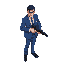 a male wearing a blue suit hold a gun standing idle in top down style