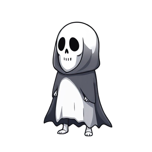 make cute ghost with skull face and cover its body with black cape and facing left side 