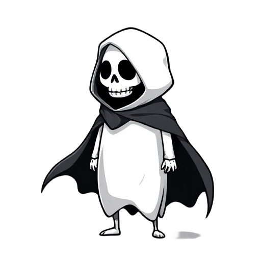 make cute ghost with skull face and cover its body with black cape and facing right side 