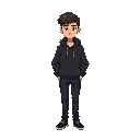 this character appears to be a young male, with a reserved and serious demeanor. his dark clothing (hoodie, pants, shoes) suggests a casual but discreet style, possibly preferring to blend in rather than stand out. 