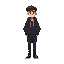 this character appears to be a young male, with a reserved and serious demeanor. his dark clothing (hoodie, pants, shoes) suggests a casual but discreet style, possibly preferring to blend in rather than stand out. 