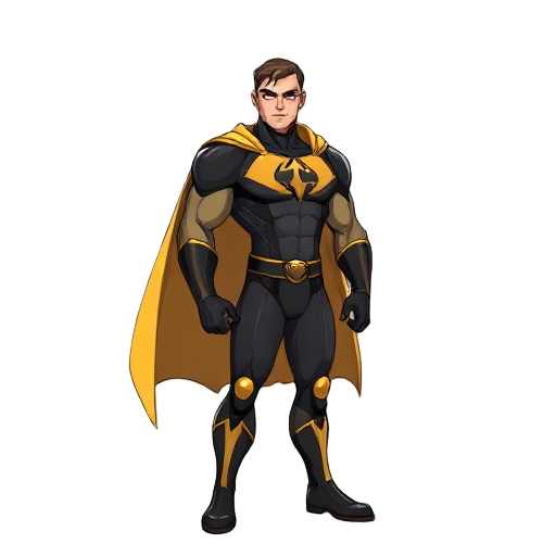 male superhero, cape, muscle, black and gold suit,