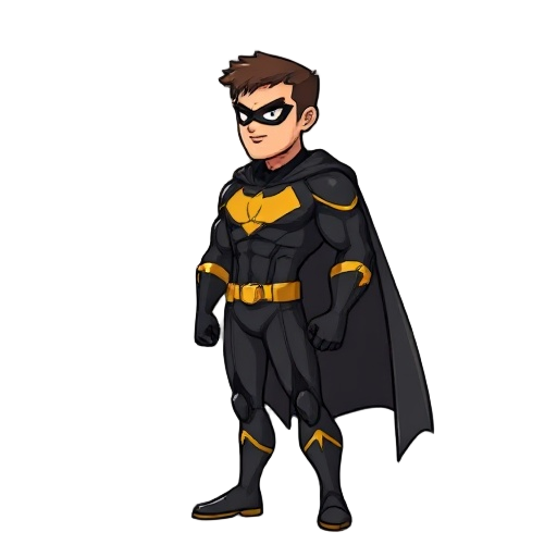 male superhero, cape, muscle, black and gold suit, pixelated, side view,