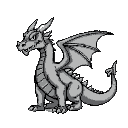side view of a ferocious, realistic dragon with its tail out behind it.  greyscale. 16-bit.  pixel art.